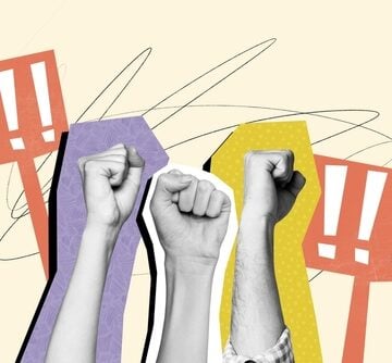 Illustration depicts raised fists, picket signs with exclamation marks, and abstract lines commonly used to represent themes of protest, social movement, political activism, or collective resistance. Illustration depicts raised fists, picket signs with exclamation marks, and abstract lines commonly used to represent themes of protest, social movement, political activism, or collective resistance.
