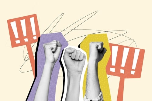 Illustration depicts raised fists, picket signs with exclamation marks, and abstract lines commonly used to represent themes of protest, social movement, political activism, or collective resistance. Illustration depicts raised fists, picket signs with exclamation marks, and abstract lines commonly used to represent themes of protest, social movement, political activism, or collective resistance.
